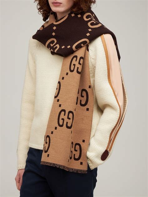 gucci brown scarf logo|gg jacquard pattern knitted scarf.